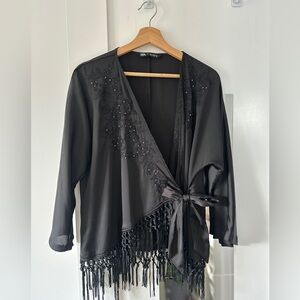 Zara Fringe embroidered black kimono top size M